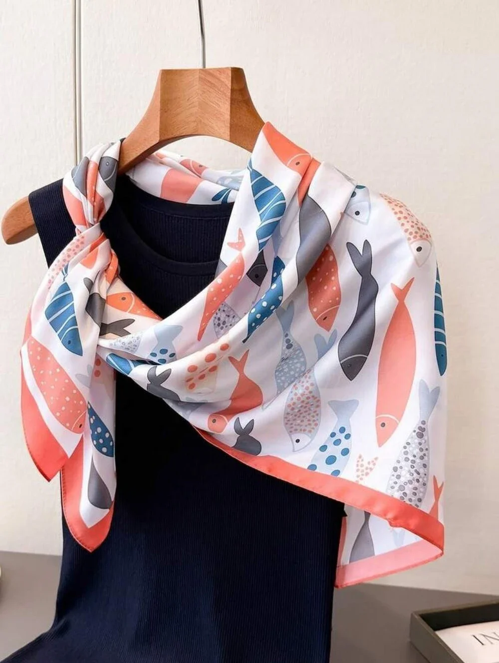 Silk-feel Coral & Navy Fish Pattern Square Scarf - 70*70cm